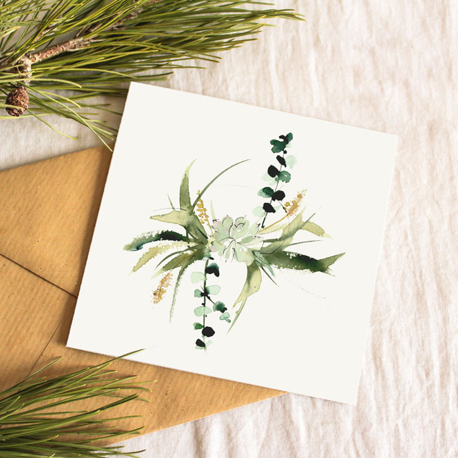 Collab Les Contes Succulents x AquaNell | Carte de voeux en papier recyclé façonnée et imprimée par Les Contes Succulents. Illustration à l'aquarelle réalisée par AquaNell.